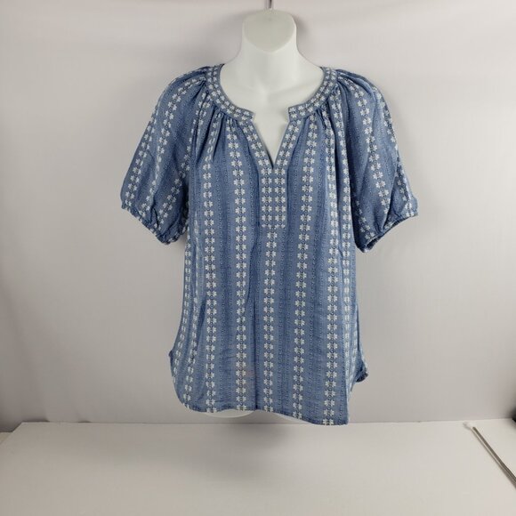 Loft XXS Blue White Embroidery Cotton Women Spring Blouse Top Short Sleeve - Picture 1 of 14